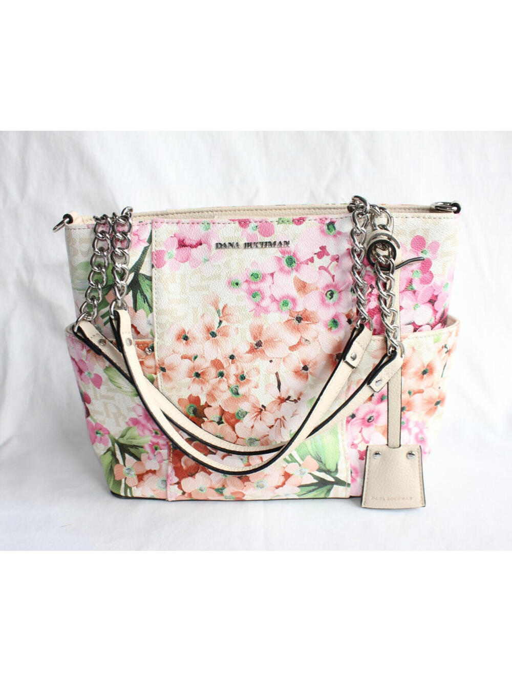 Dana Buchman Julia Faux Leather Pink Floral Tote Bag w/Chain Straps